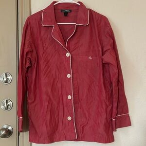 Lauren Ralph Lauren Red Striped Pajama Shirt with White Piping